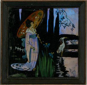 Framed c.1920 Butterfly Collage, Lady and Heron