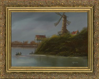 H. Burden - 20th Century Oil, River Scene with Windmill
