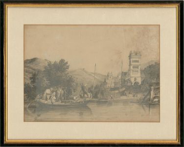 Mid 19th Century Graphite Drawing - The River by the Church