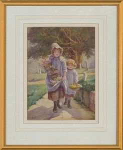 E.H. - Early 20th Century Watercolour, Girls and Their Flowers