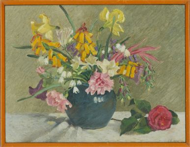 E.V. - 1934 Oil, Flowers in Blue Vase