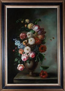 Framed Mid 20th Century Oil - Flowers on the Mantle