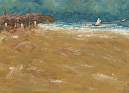 20th Century Oil - Beach Scene with Sailing Boats