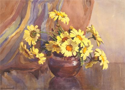 G. Thomasset - 1950 Watercolour, Yellow Flowers