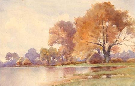 Early 20th Century Watercolour - Autumnal Trees and Lake