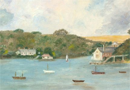 Mid 20th Century Oil - Coastal Village Scene with Boats
