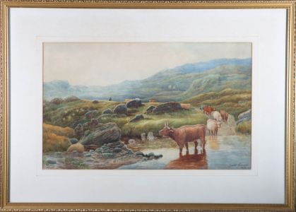 David Gorman - 1878 Watercolour, Highland Cattle in Landscape
