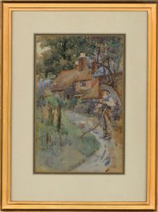 Douglas Snowdon - 1900 Watercolour, Farmer Sharpening His Scythe