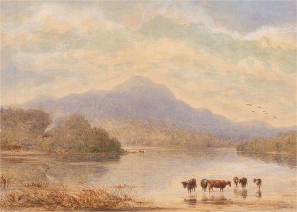 I.T. - 1860 Watercolour, Cattle by a Mountain Lake