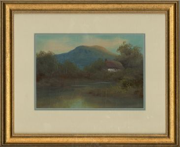 Framed Mid 20th Century Gouache - Cottage on the River