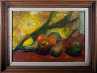 Framed Mid 20th Century Oil - Still Life of Fruit Beneath a Curtain