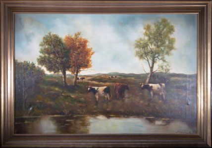 J Fredericks - Signed & Framed Mid 20th Century Oil, Cattle by the Water