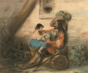 19th Century Pastel - Cavalier And Daughter