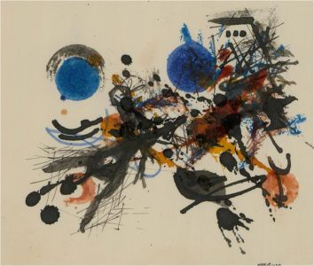 Max Rummel  - 1977 Mixed Media, Orange, Black and Blue Abstract