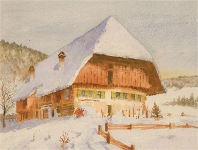 Mid 20th Century Watercolour - Chalet in the Mountains