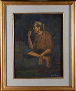 K. Soe - Signed & Framed 1999 Oil, The Smoker