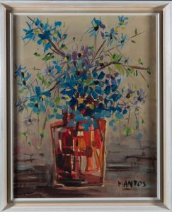 Mantos - Signed & Framed Mid 20th Century Oil, Red Vase Blue Flowers
