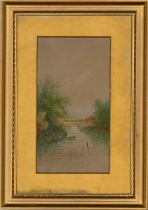 M. D. Ansell - 1910 Watercolour, Fishing On A Quiet River