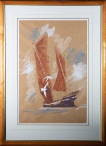 20th Century Watercolour - Sailing Boat and Seagulls