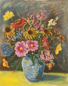 H. Carl - 1957 Oil, Blue Vase and Vibrant Flowers