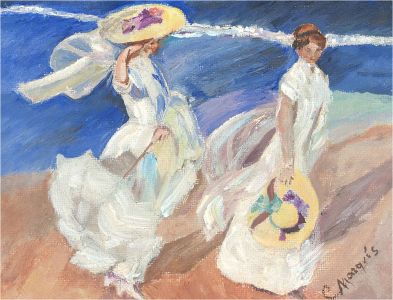 C. Marquis - Contemporary Oil, Windy Beach Stroll