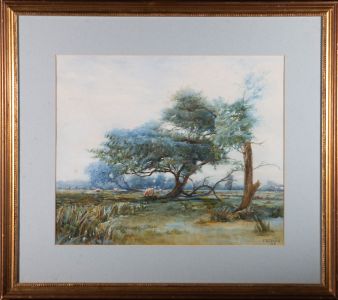 J.H. Guild - 1887 Watercolour, Landscape Scene with Cows