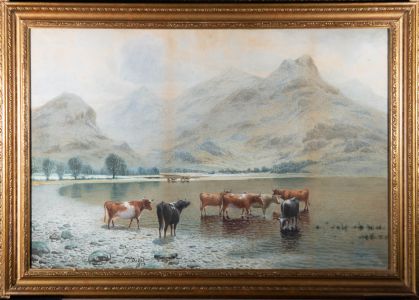 Edward James Du Val (1838-1923) - 1879 Watercolour, Cattle At A Mountain Lake