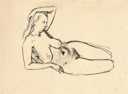 Julia Morley (1917–2008)-Mid 20thC Pen and Ink Drawing, Reclining Female Nude II