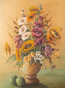 Roger Collin - 20th Century Oil, Flower Vase and Green Apples