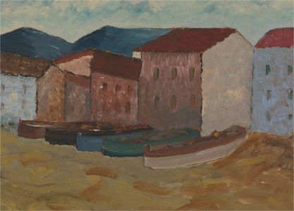 Ricciardi - 20th Century Oil, Coastal Town Scene with Boats