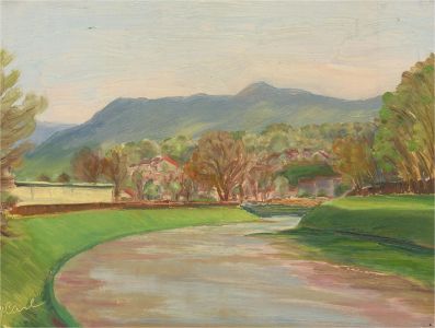 H. Carl - 20th Century Oil, River View with Mountains