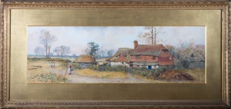 Early 20th Century Watercolour - Children and Lady by Cottage