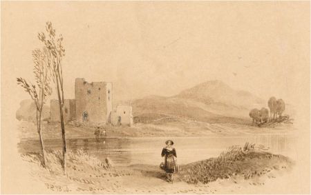 T.R. - 1840 Watercolour, Castle on a Lake