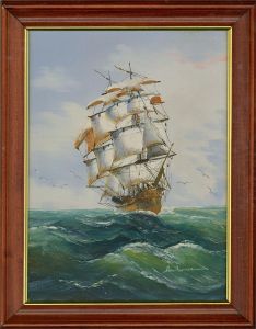 Contemporary Oil - Ship at Sea with Seagulls