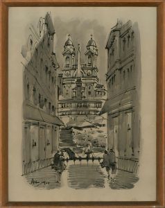 1969 Pen and Ink Drawing - The Spanish Steps, Rome