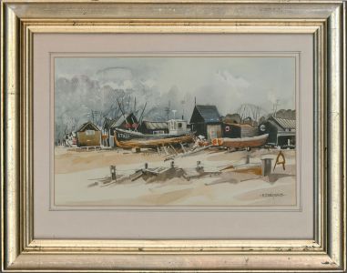 Ray J. Weston - 2003 Watercolour, Beach Scene with Boats