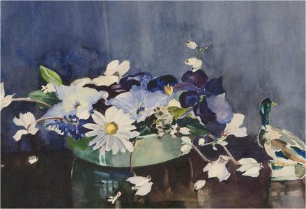 Diana Saxton - 20th Century Watercolour, Floral Still Life with Duck
