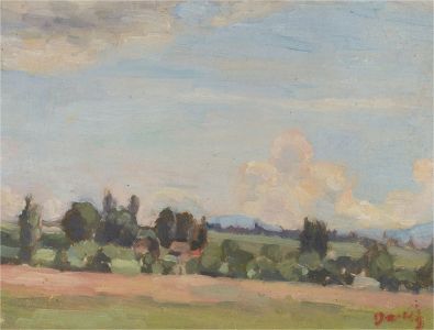 20th Century Oil - Rural View with Two Distant Cottages
