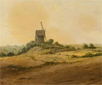 Early 20th Century Oil - Windmill On The Hill
