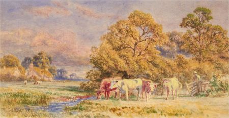 Robert Gallon (1845-1925) - Watercolour, Cattle Drinking from a Stream