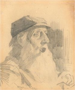 Early 20th Century Graphite Drawing - Old Man And His Pipe