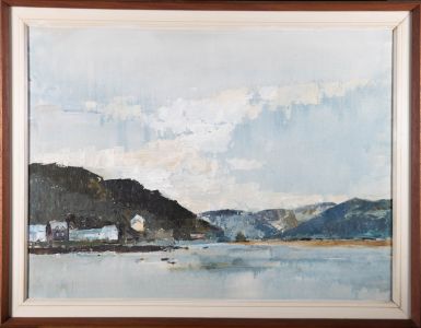 20th Century Oil - Coastal Village View with Boats