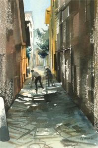 Ray J. Weston - 1990 Watercolour, Washing the Street