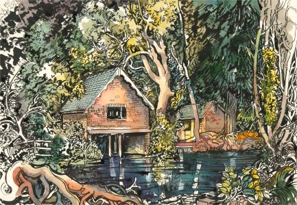 Ray J. Weston - 1999 Pen and Ink Drawing, Boathouse