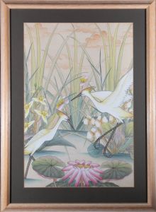 Balinese School 20th Century Gouache - Egrets in Lotus Pond