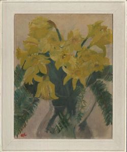 M. C - Mid 20th Century Oil, Daffodils And Pine Fronds