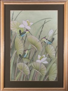 Teta - Balinese School 20th Century Gouache, Birds on Lotus Flowers