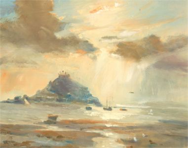20th Century Oil - Seascape with Island and Boats