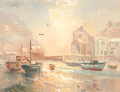 C.F. Roberts - Signed Mid 20th Century Oil, The Harbour at Sunrise