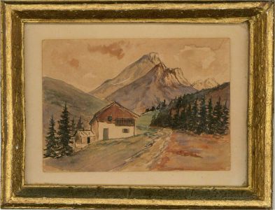 Mid 20th Century Watercolour - Canadian Mountain Lodge